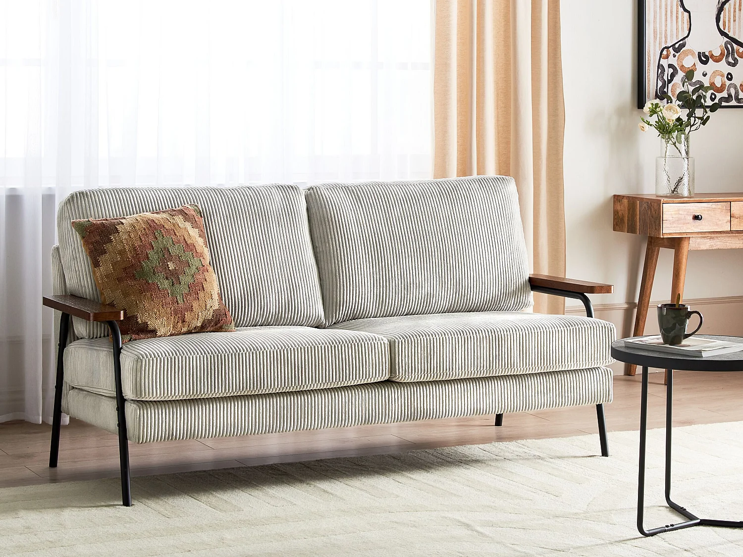 Sofa Cord grau / hellgrau 3-Sitzer gepolstert Holz Armlehnen Wohnzimmer Arkanes