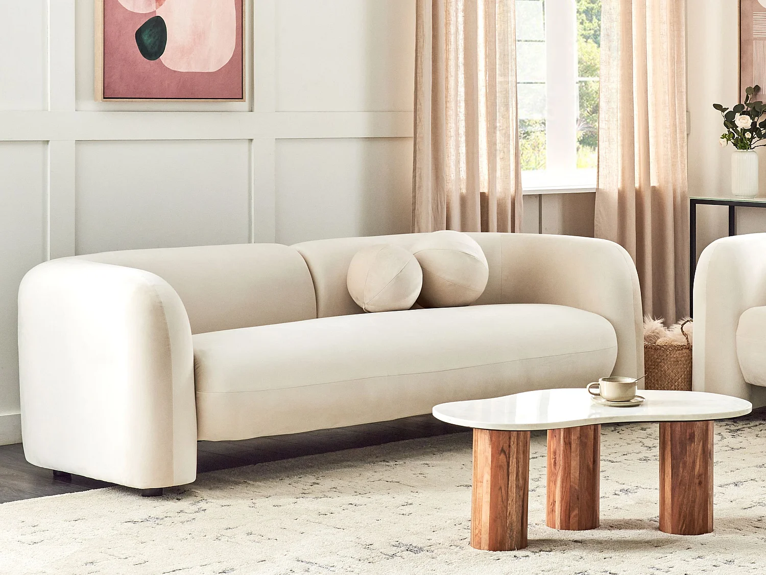 Sofa LEIREN Welur Złamana biel dla 3 osób