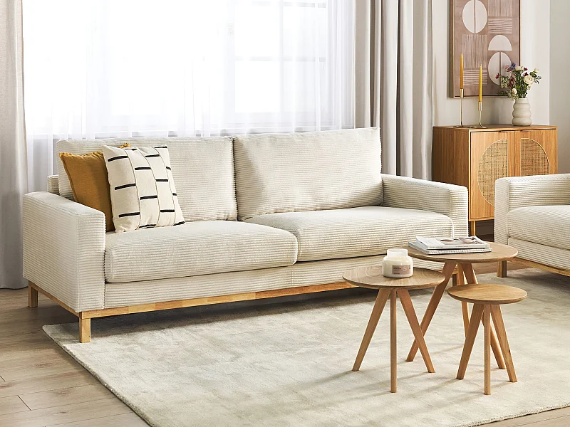3-Sitzer Sofa Stoffbezug Cord Beige mit Sitzkissen Armlehnen Holzbeinen Siggard