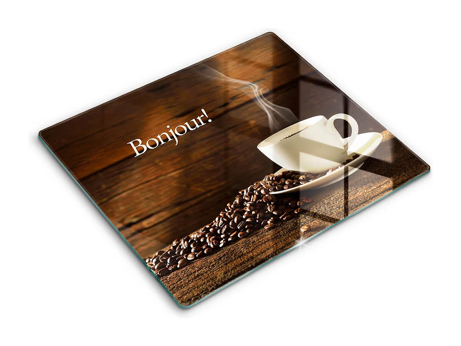 Planche de cuisine rectangulaire en verre avec une phrase "Bonjour! Tasse de café" 60x52 cm