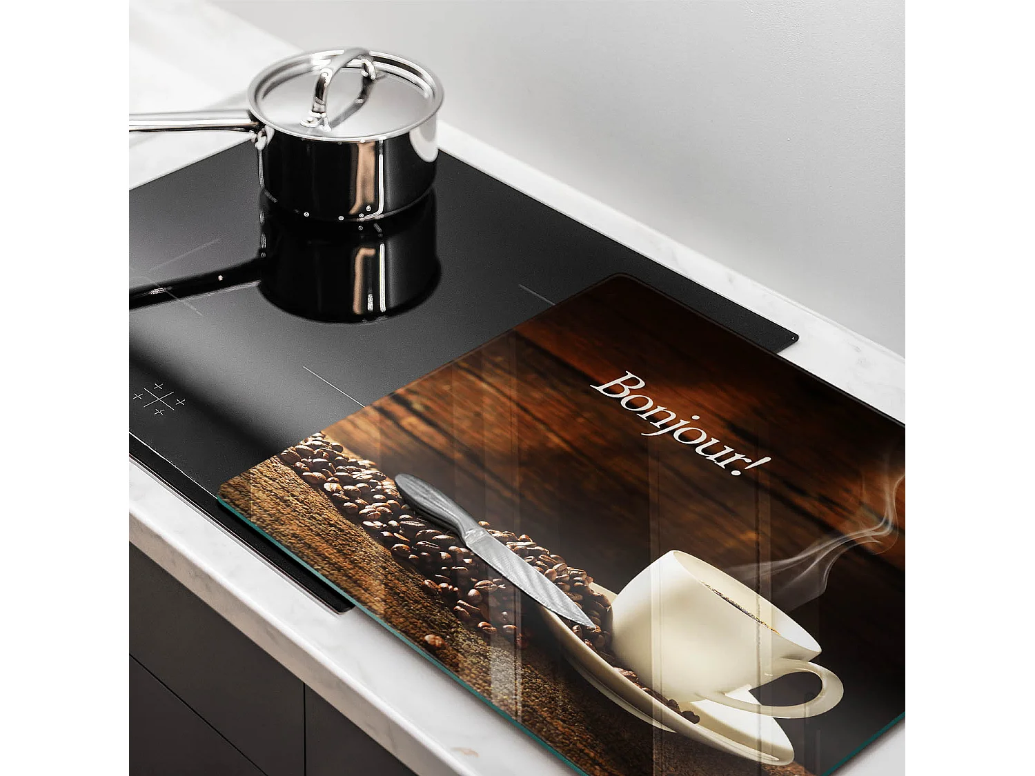 Planche de cuisine rectangulaire en verre avec une phrase "Bonjour! Tasse de café" 60x52 cm