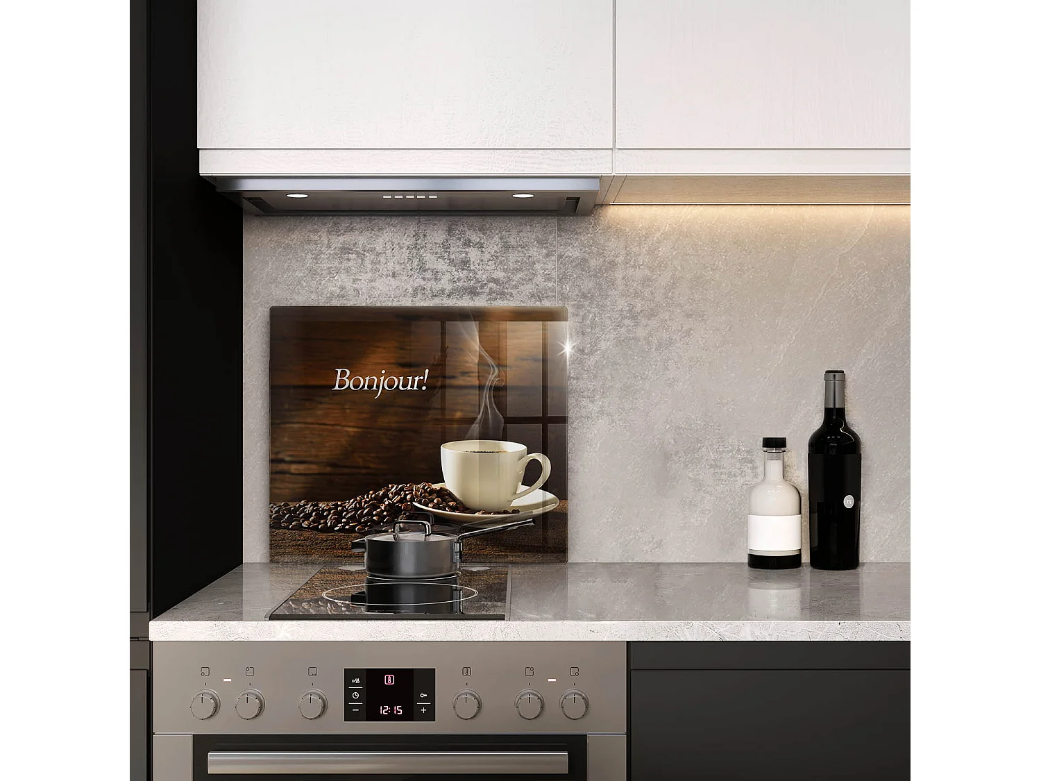 Planche de cuisine rectangulaire en verre avec une phrase "Bonjour! Tasse de café" 60x52 cm