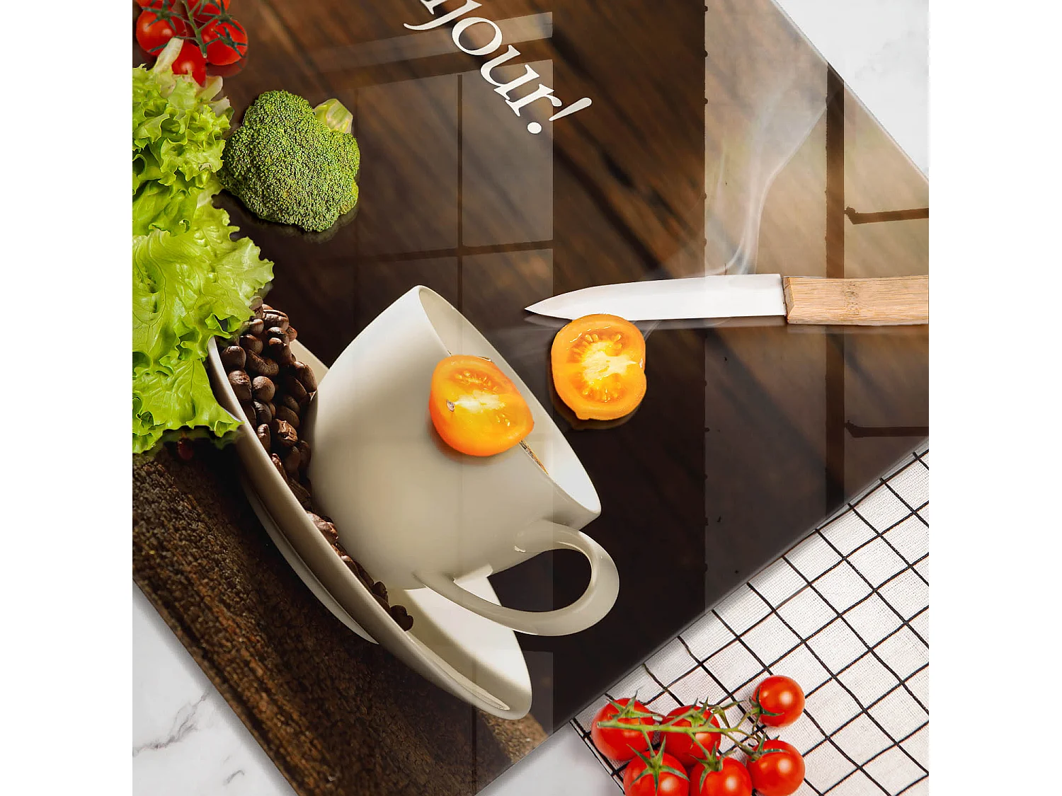Planche de cuisine rectangulaire en verre avec une phrase "Bonjour! Tasse de café" 60x52 cm