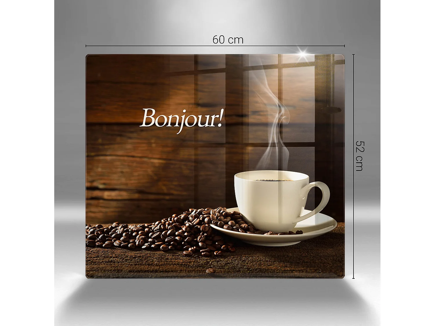 Planche de cuisine rectangulaire en verre avec une phrase "Bonjour! Tasse de café" 60x52 cm