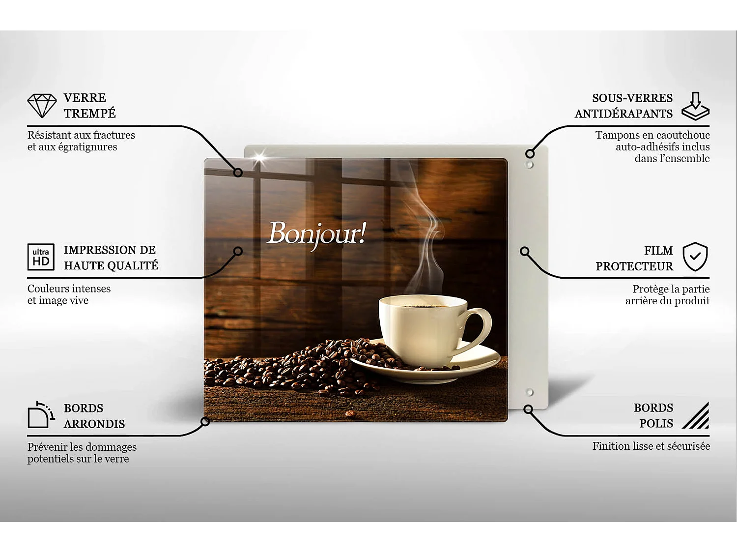 Planche de cuisine rectangulaire en verre avec une phrase "Bonjour! Tasse de café" 60x52 cm