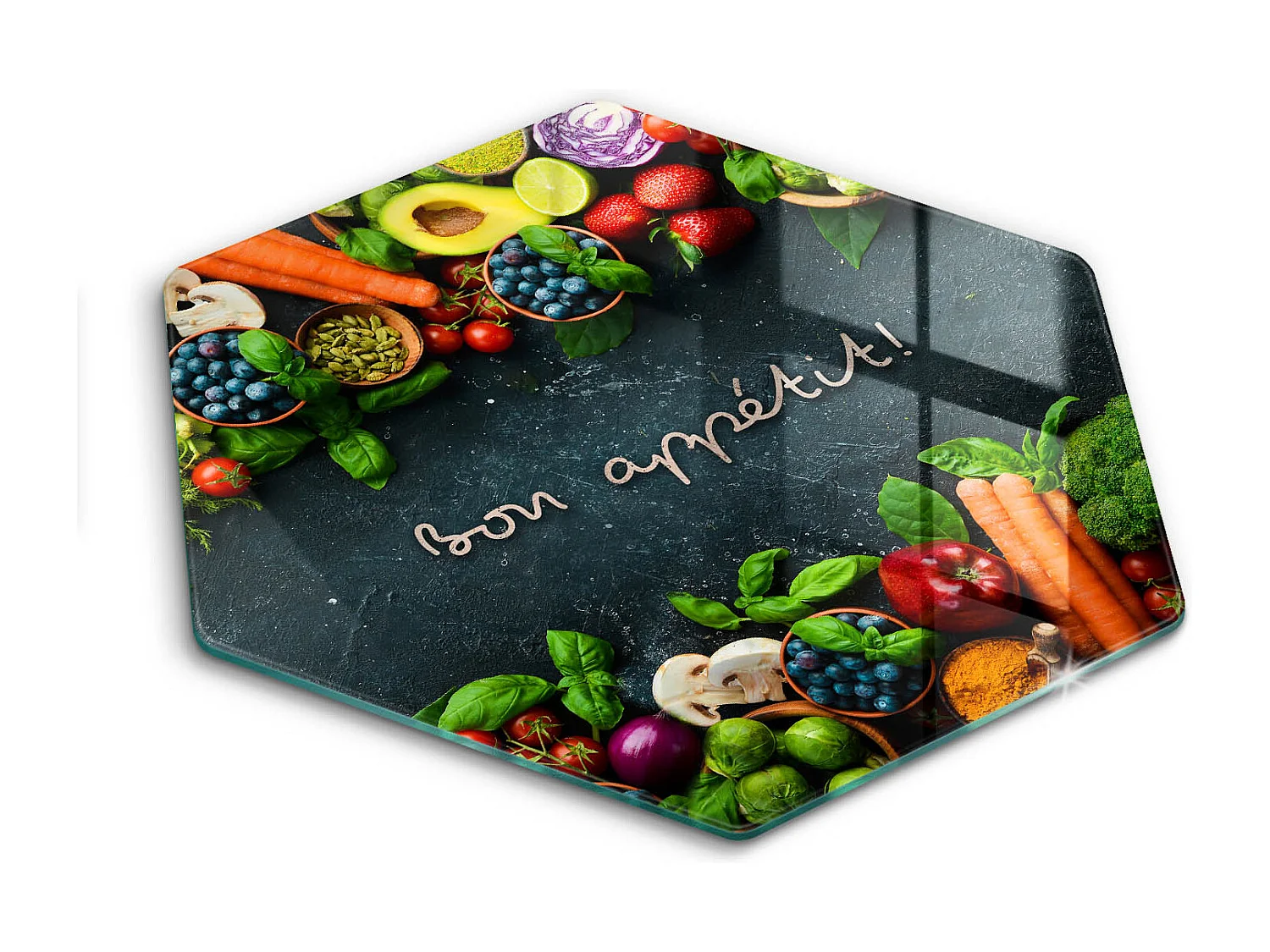 Planche de cuisine hexagonale en verre avec une phrase "Fruits et légumes, Bon appétit!" 40 cm