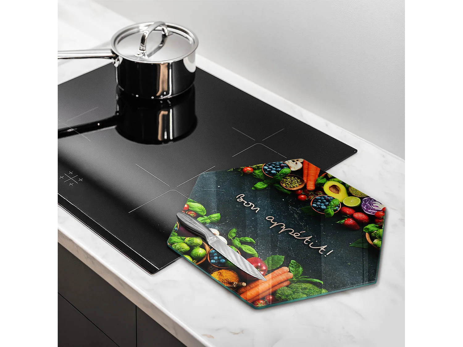 Planche de cuisine hexagonale en verre avec une phrase "Fruits et légumes, Bon appétit!" 40 cm