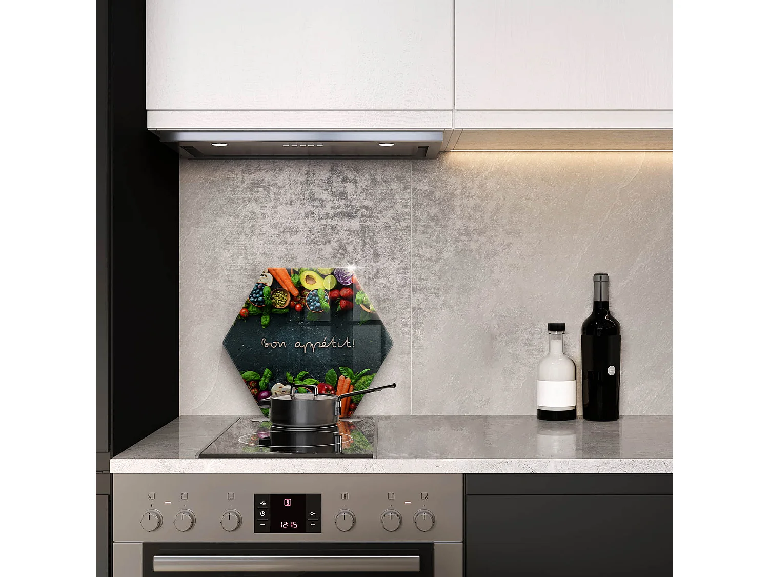 Planche de cuisine hexagonale en verre avec une phrase "Fruits et légumes, Bon appétit!" 40 cm