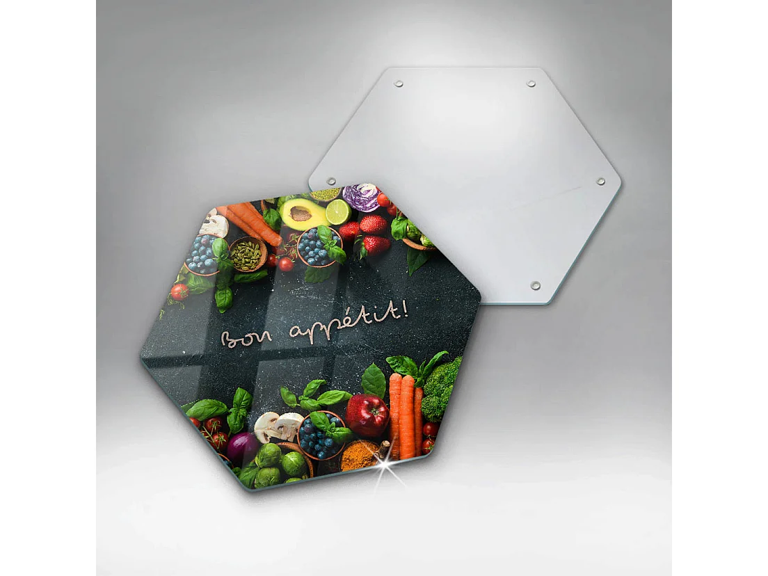 Planche de cuisine hexagonale en verre avec une phrase "Fruits et légumes, Bon appétit!" 40 cm