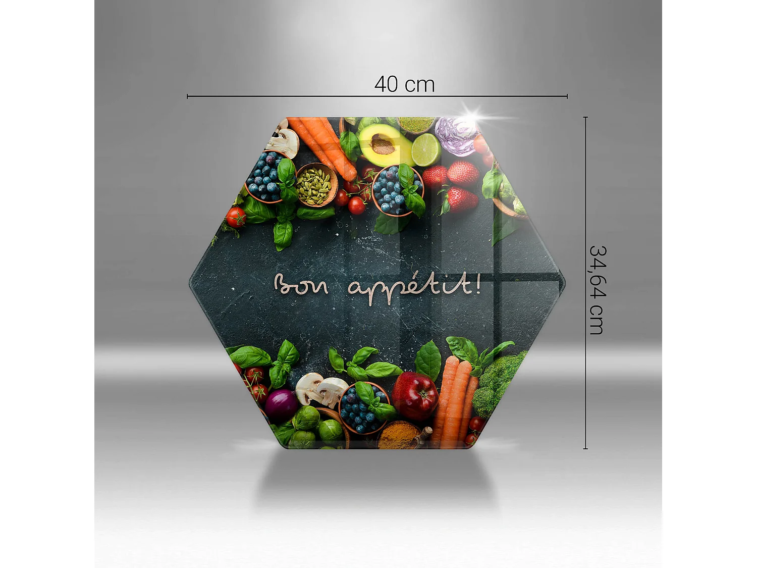 Planche de cuisine hexagonale en verre avec une phrase "Fruits et légumes, Bon appétit!" 40 cm