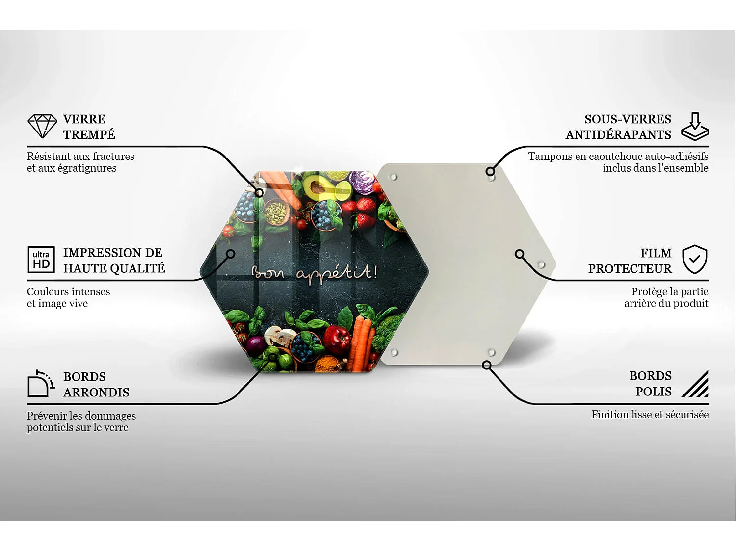 Planche de cuisine hexagonale en verre avec une phrase "Fruits et légumes, Bon appétit!" 40 cm
