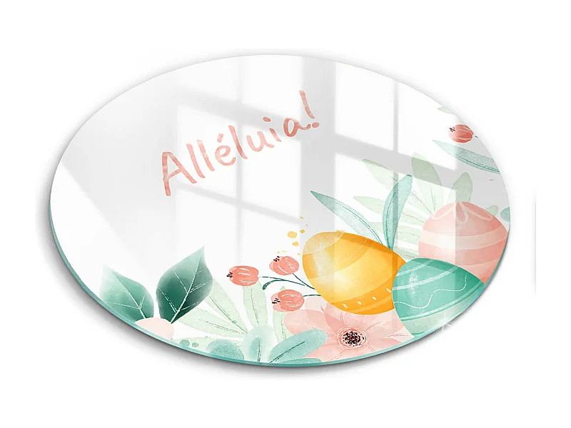 Planche de cuisine ronde en verre avec une phrase "Motif: Alléluia festif!" 40 cm