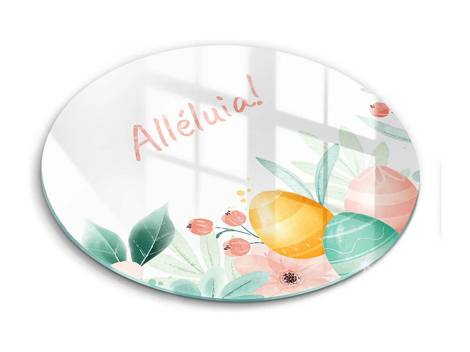 Planche de cuisine ronde en verre avec une phrase "Motif: Alléluia festif!" 40 cm