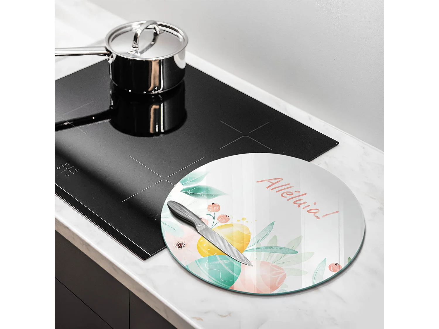 Planche de cuisine ronde en verre avec une phrase "Motif: Alléluia festif!" 40 cm