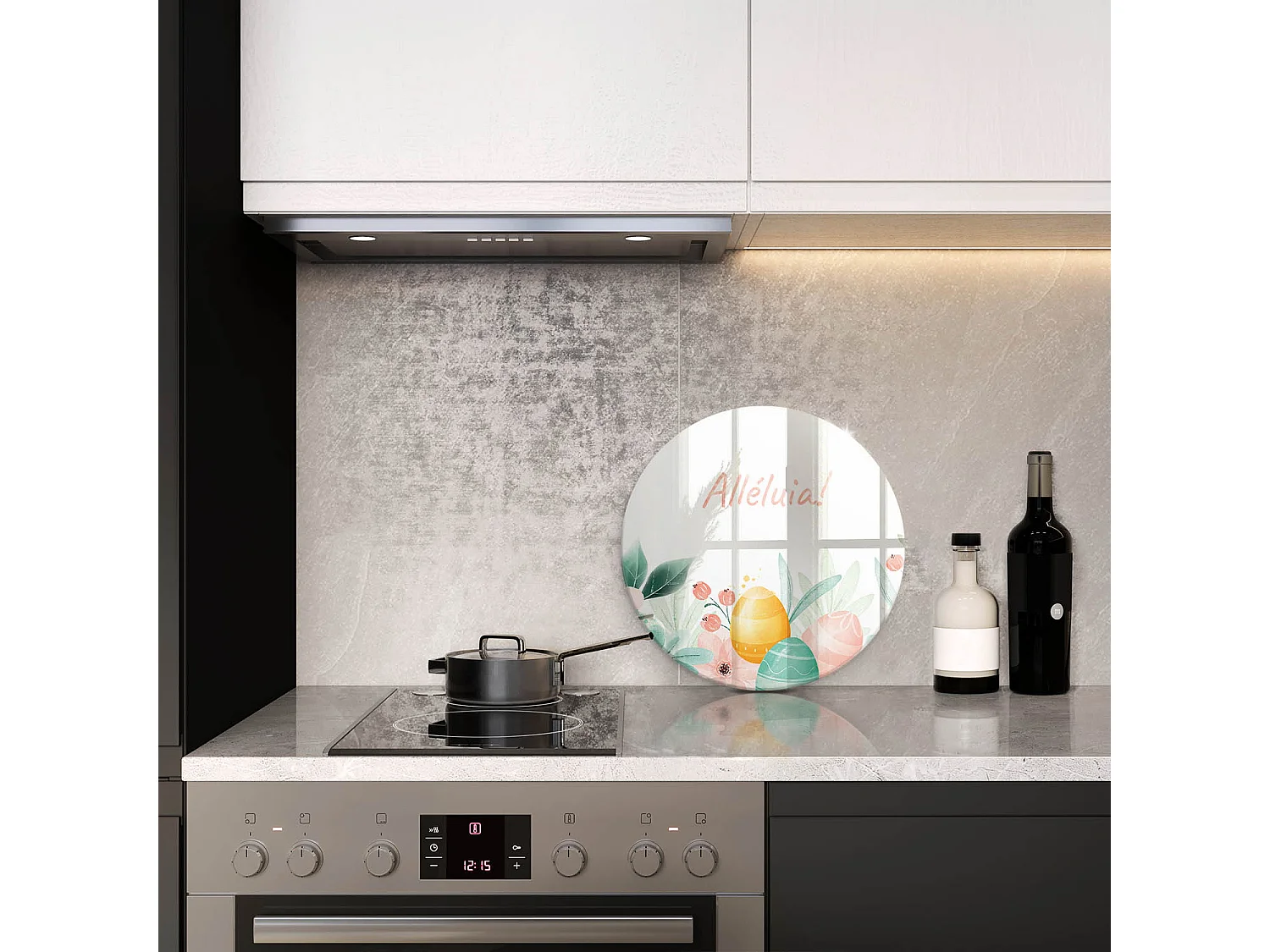 Planche de cuisine ronde en verre avec une phrase "Motif: Alléluia festif!" 40 cm