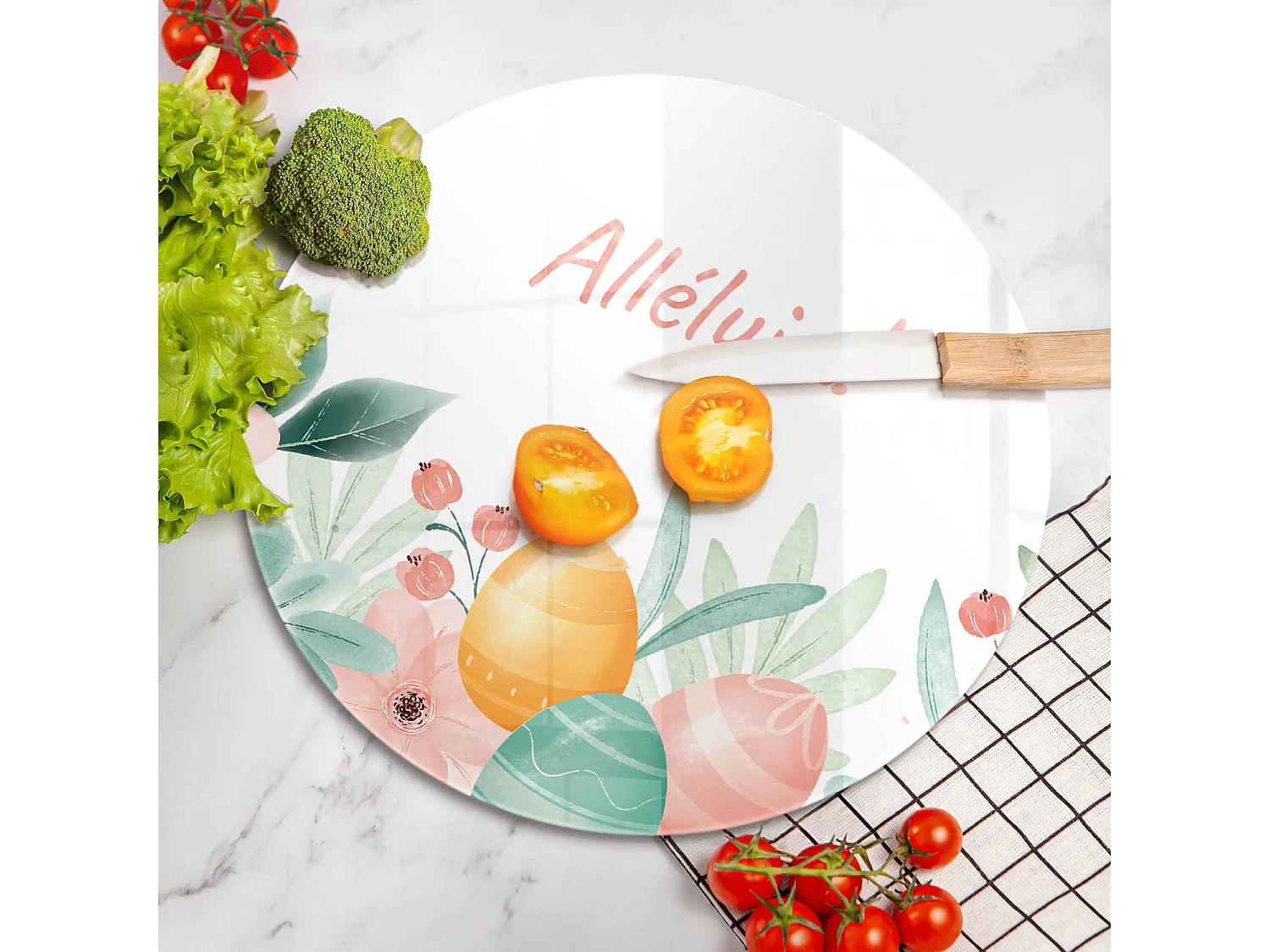Planche de cuisine ronde en verre avec une phrase "Motif: Alléluia festif!" 40 cm