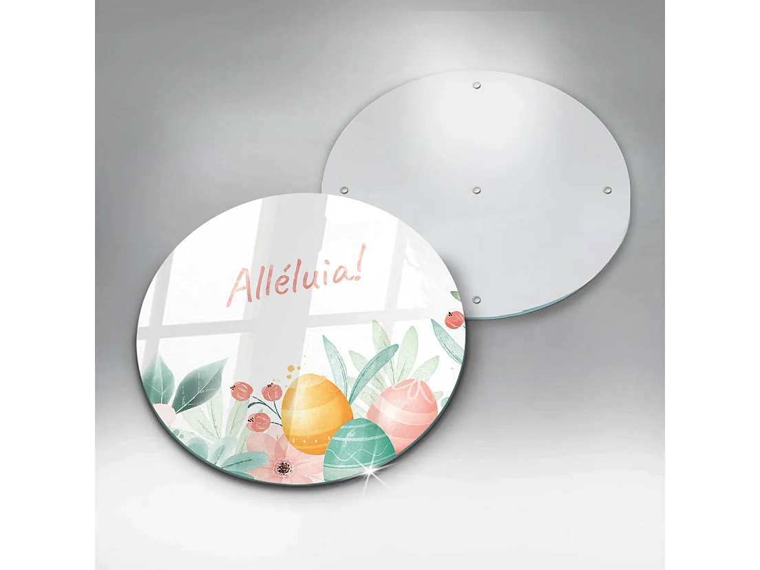 Planche de cuisine ronde en verre avec une phrase "Motif: Alléluia festif!" 40 cm
