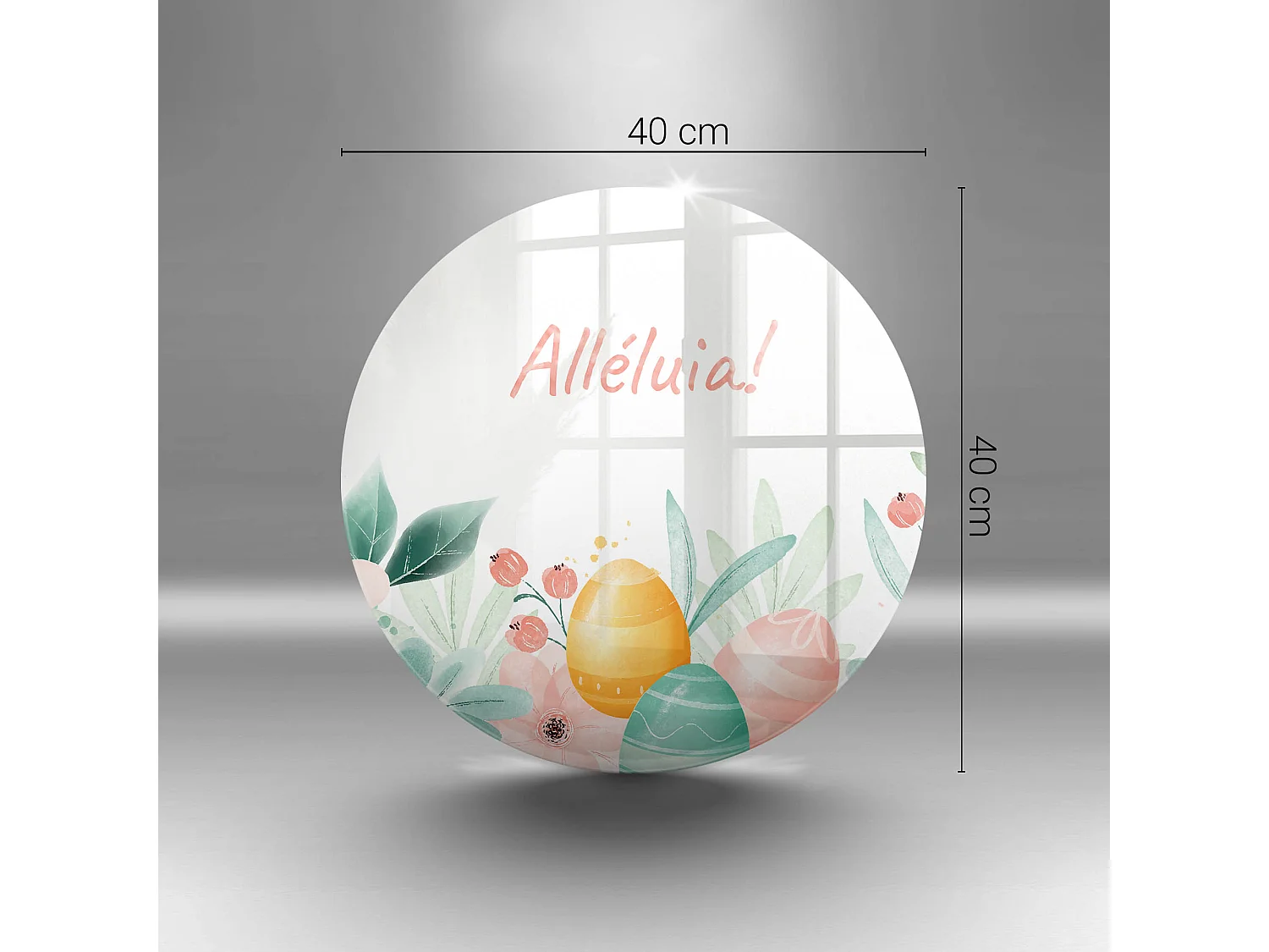 Planche de cuisine ronde en verre avec une phrase "Motif: Alléluia festif!" 40 cm