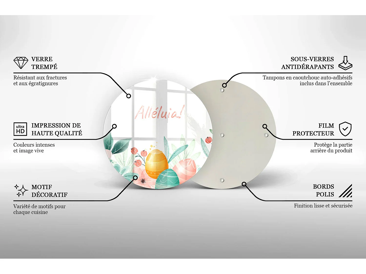Planche de cuisine ronde en verre avec une phrase "Motif: Alléluia festif!" 40 cm