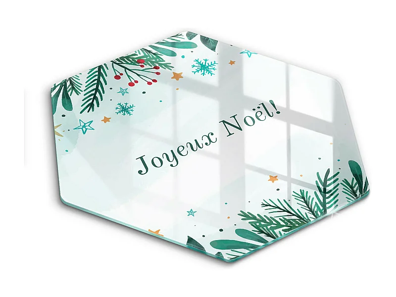 Planche de cuisine hexagonale en verre avec une phrase "Noël: Joyeux Noël!" 40 cm