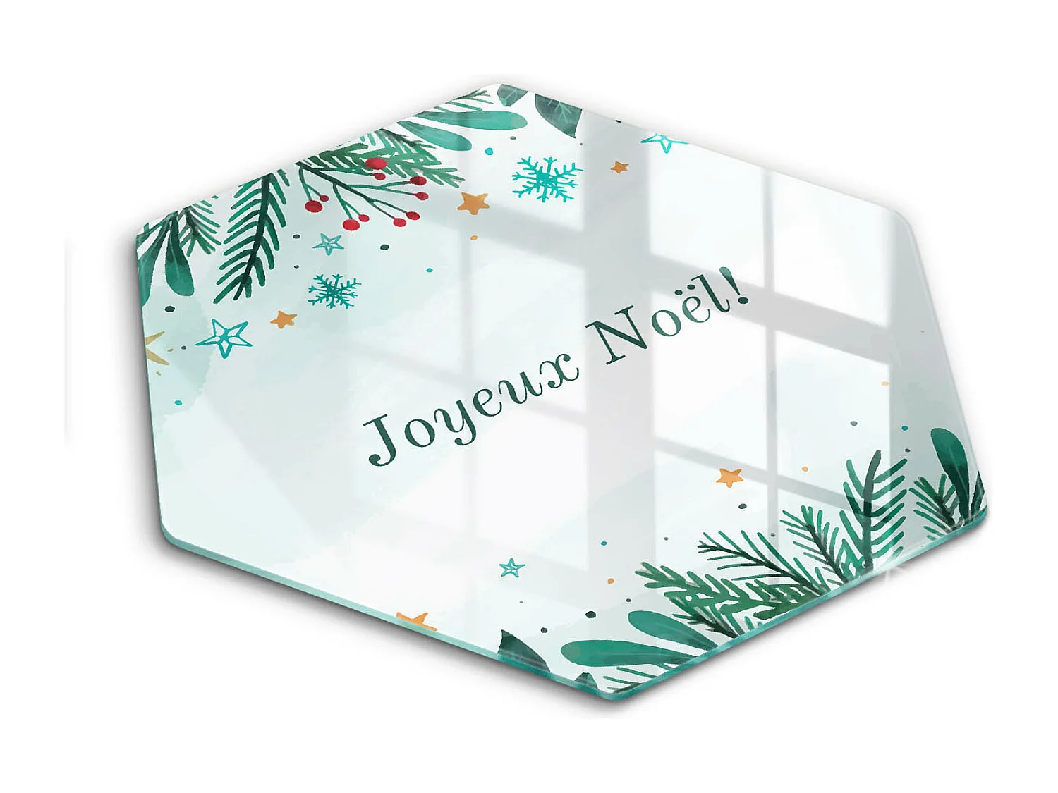Planche de cuisine hexagonale en verre avec une phrase "Noël: Joyeux Noël!" 40 cm