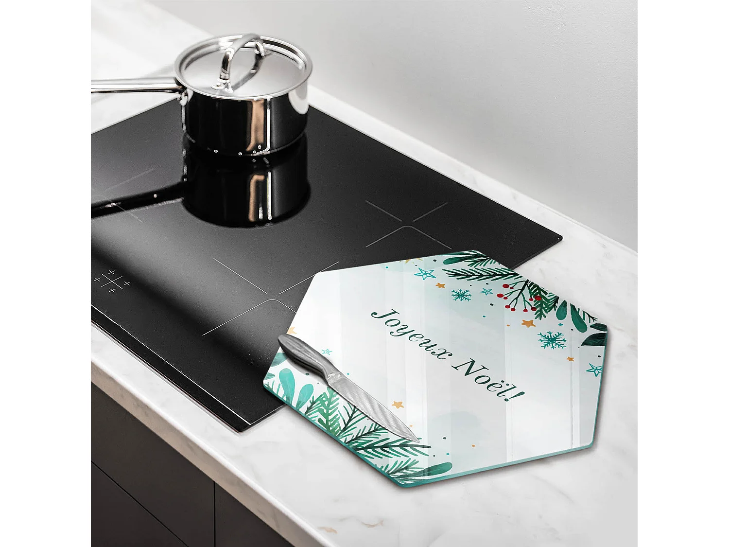 Planche de cuisine hexagonale en verre avec une phrase "Noël: Joyeux Noël!" 40 cm
