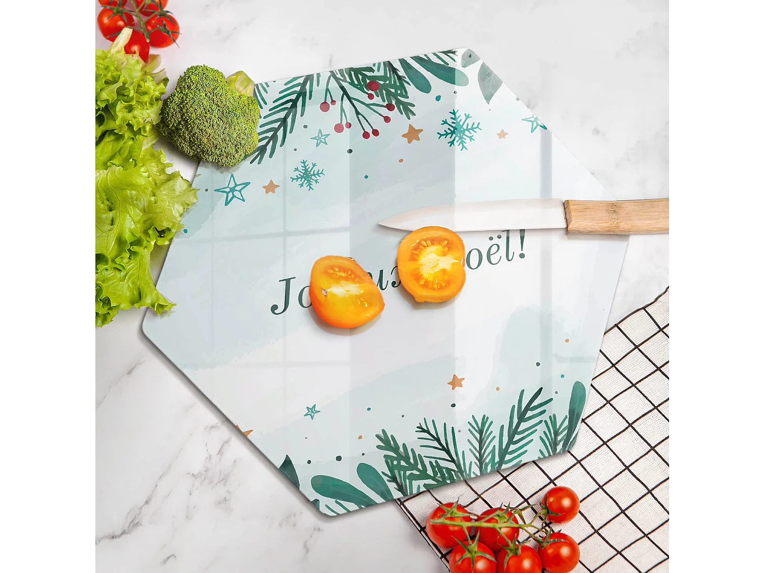 Planche de cuisine hexagonale en verre avec une phrase "Noël: Joyeux Noël!" 40 cm