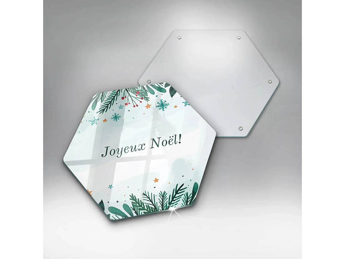 Planche de cuisine hexagonale en verre avec une phrase "Noël: Joyeux Noël!" 40 cm