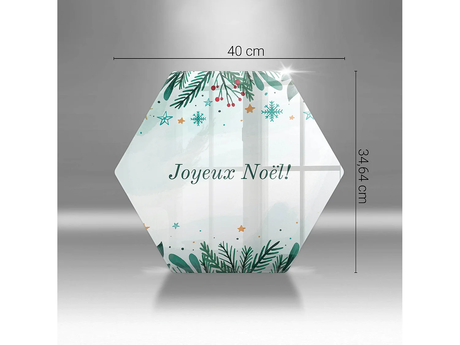Planche de cuisine hexagonale en verre avec une phrase "Noël: Joyeux Noël!" 40 cm