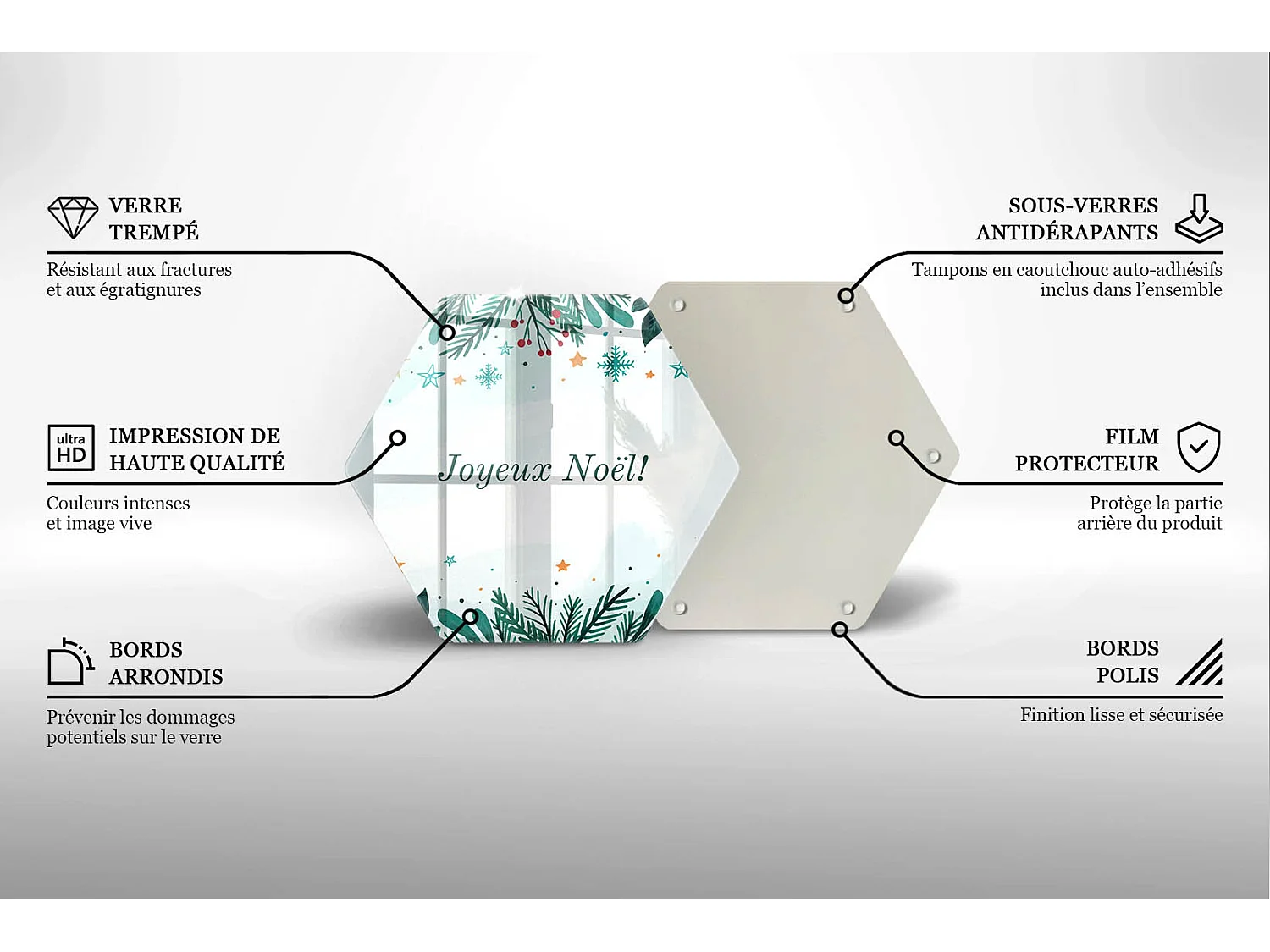 Planche de cuisine hexagonale en verre avec une phrase "Noël: Joyeux Noël!" 40 cm
