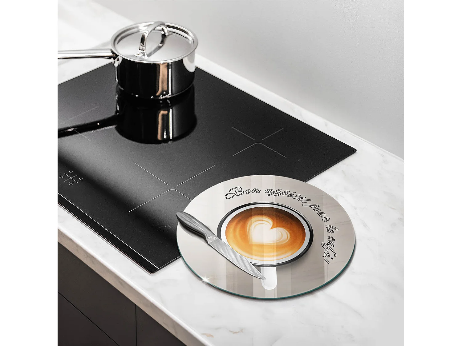 Planche de cuisine ronde en verre avec une phrase "Bon café!" 30 cm