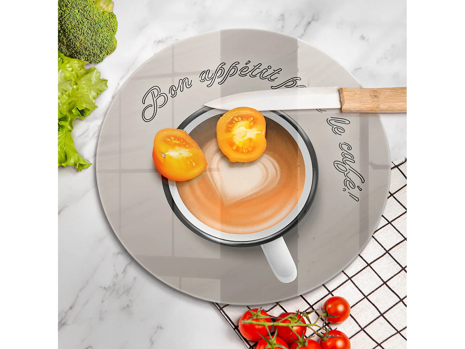 Planche de cuisine ronde en verre avec une phrase "Bon café!" 30 cm