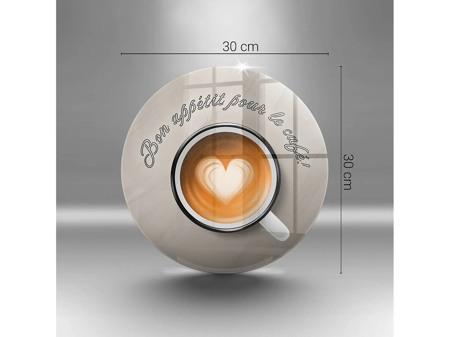 Planche de cuisine ronde en verre avec une phrase "Bon café!" 30 cm