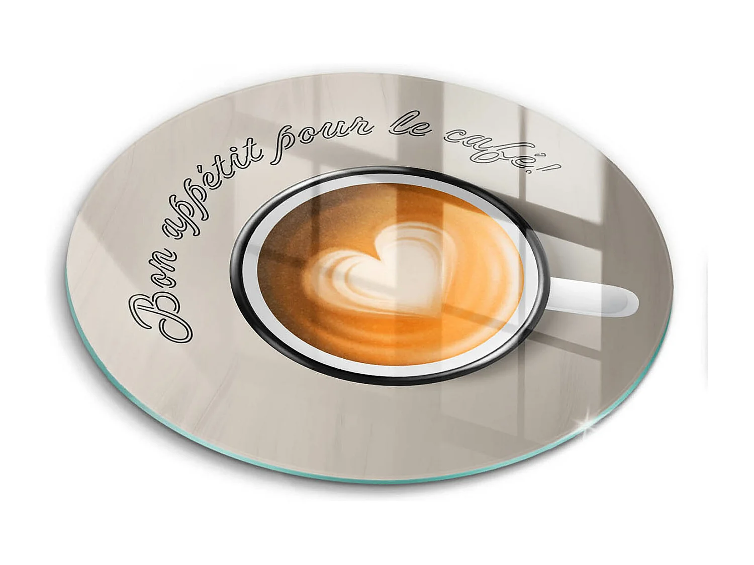 Planche de cuisine ronde en verre avec une phrase "Bon café!" 40 cm