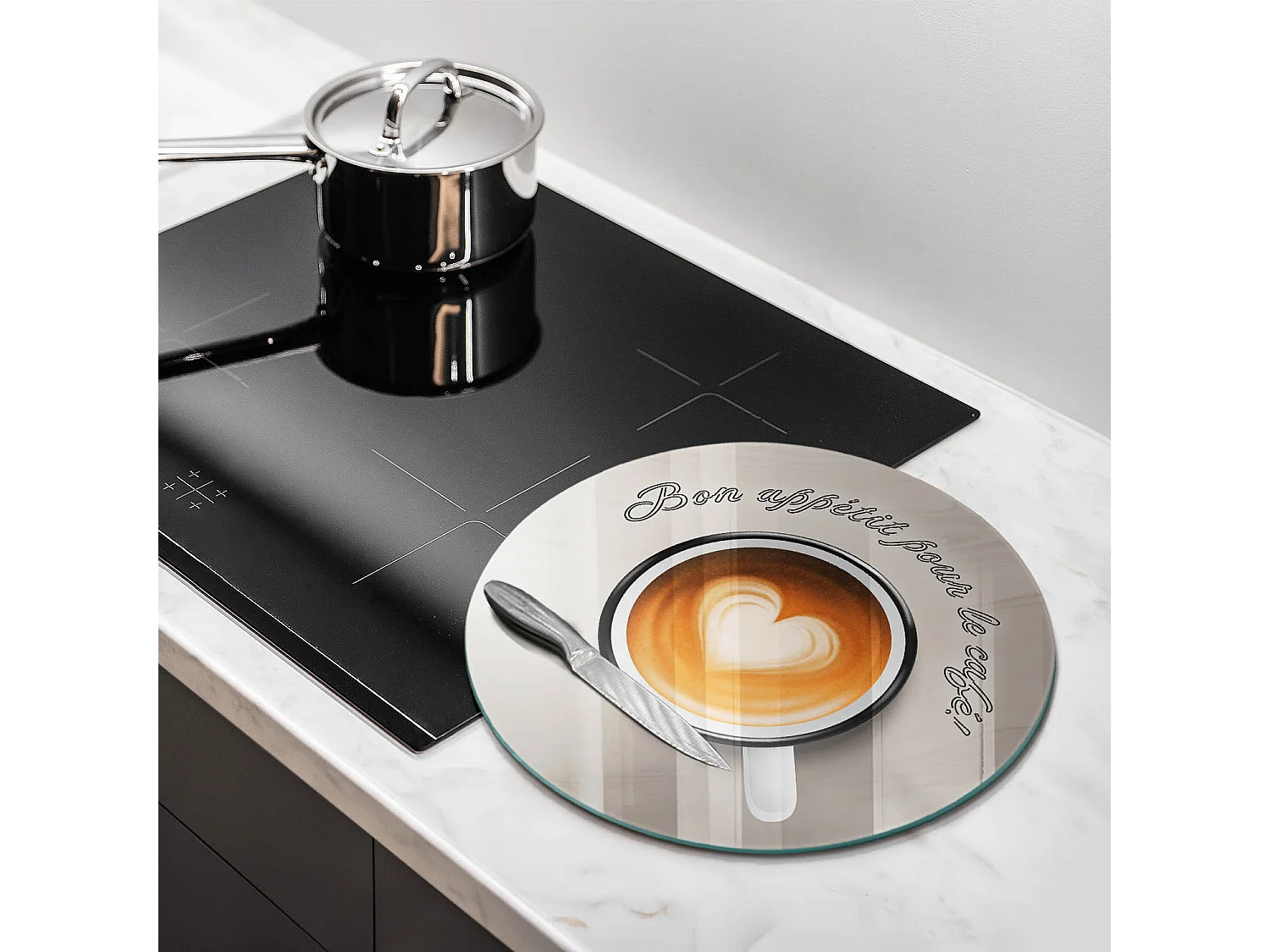 Planche de cuisine ronde en verre avec une phrase "Bon café!" 40 cm