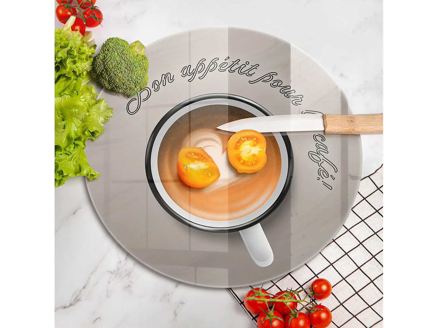 Planche de cuisine ronde en verre avec une phrase "Bon café!" 40 cm