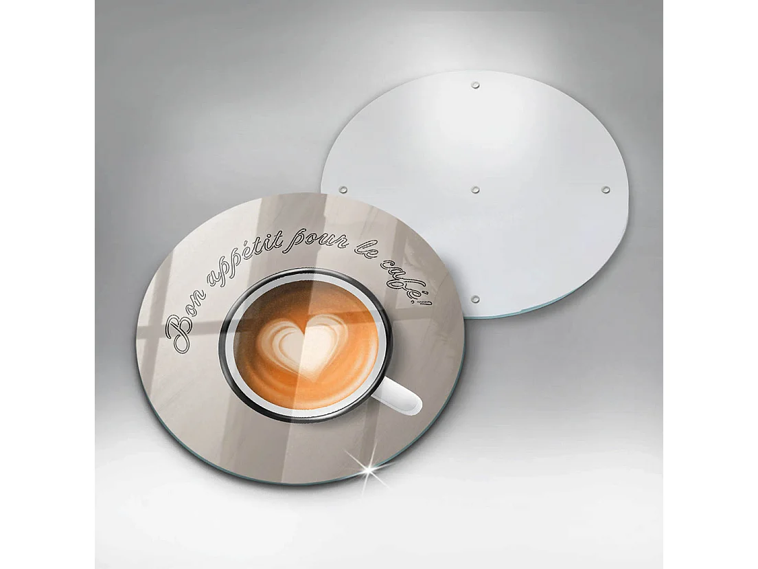 Planche de cuisine ronde en verre avec une phrase "Bon café!" 40 cm