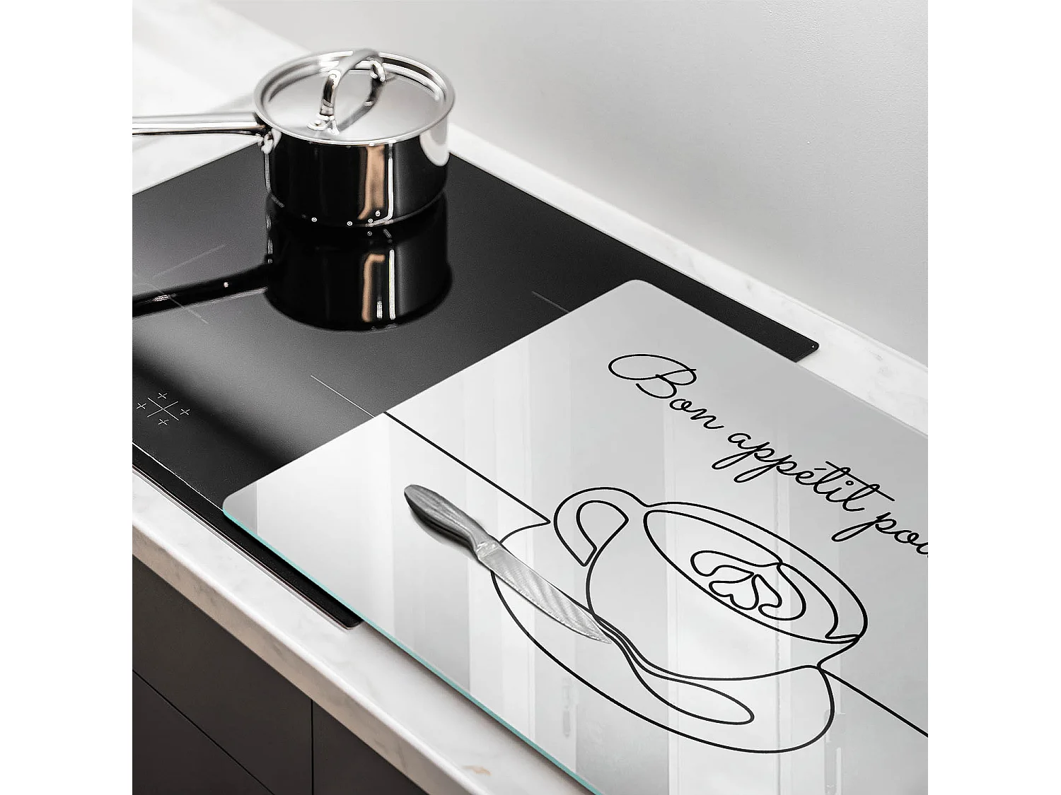 Planche de cuisine rectangulaire en verre avec une phrase "Café, Bon café!" 80x52 cm