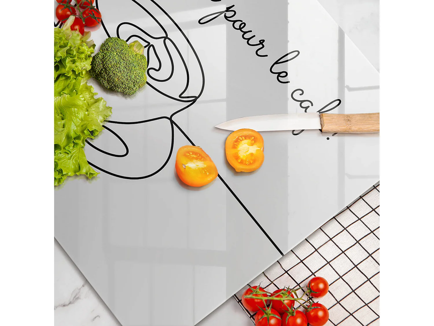 Planche de cuisine rectangulaire en verre avec une phrase "Café, Bon café!" 80x52 cm