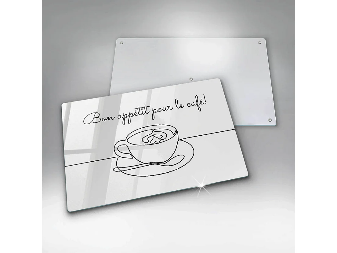 Planche de cuisine rectangulaire en verre avec une phrase "Café, Bon café!" 80x52 cm