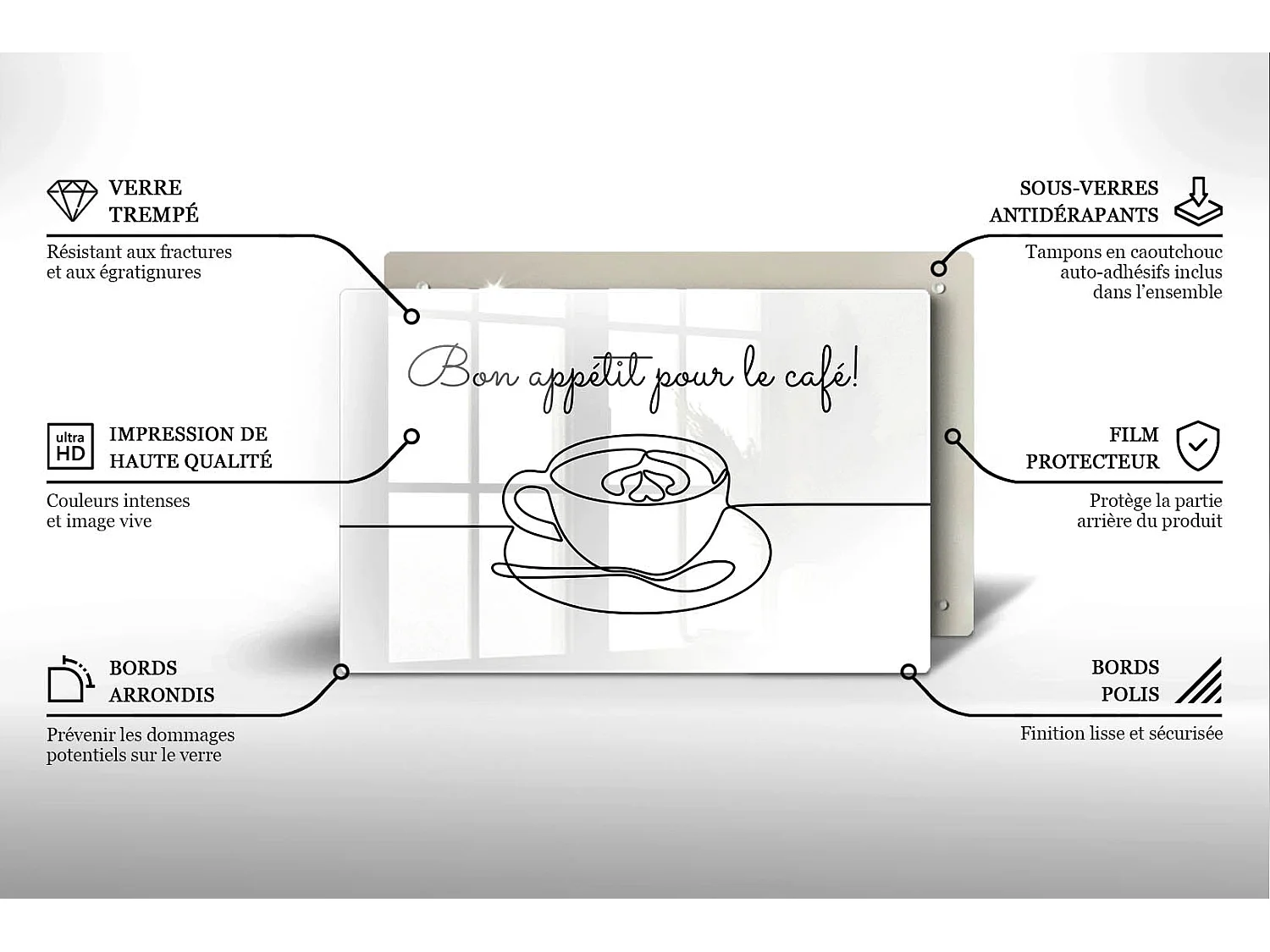 Planche de cuisine rectangulaire en verre avec une phrase "Café, Bon café!" 80x52 cm