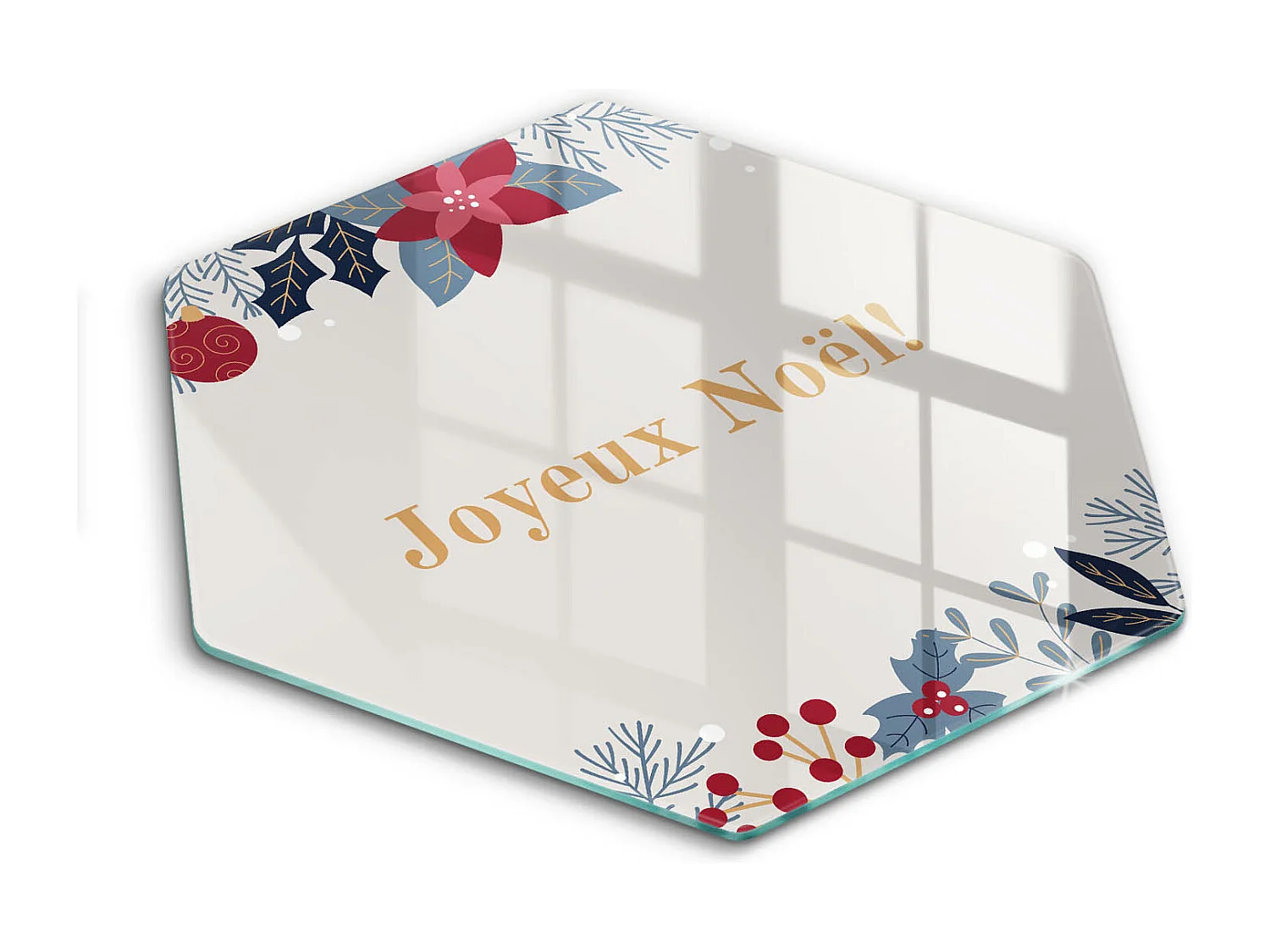 Planche de cuisine hexagonale en verre avec une phrase "Noël: Joyeux Noël!" 40 cm