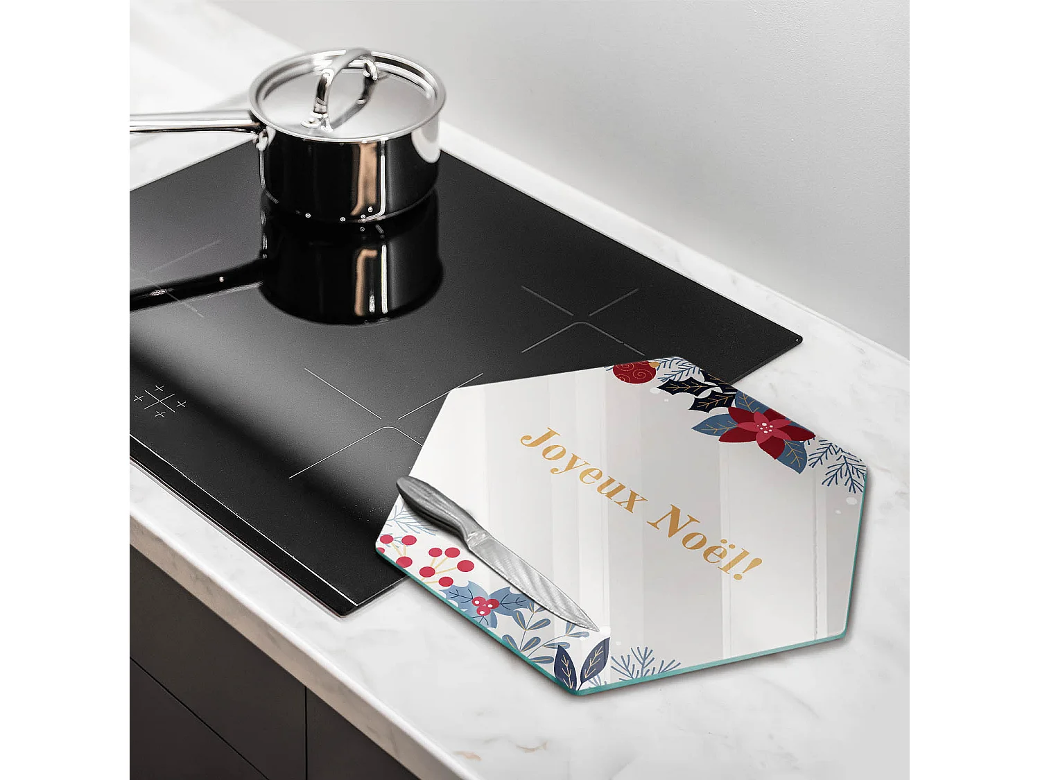 Planche de cuisine hexagonale en verre avec une phrase "Noël: Joyeux Noël!" 40 cm