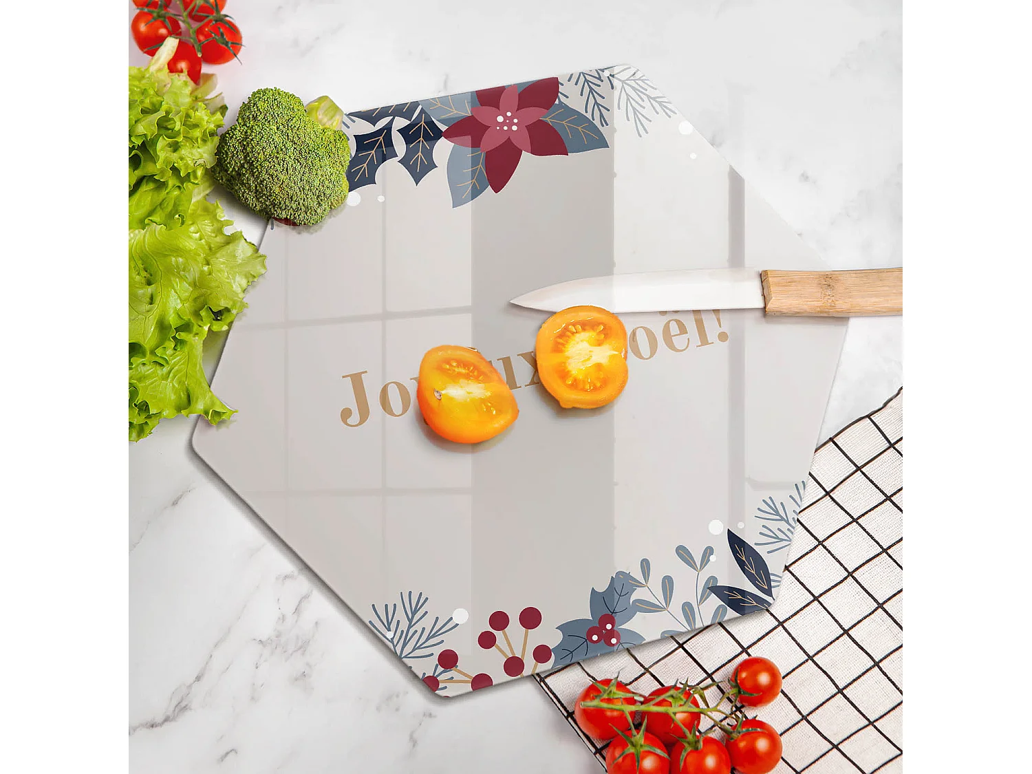 Planche de cuisine hexagonale en verre avec une phrase "Noël: Joyeux Noël!" 40 cm