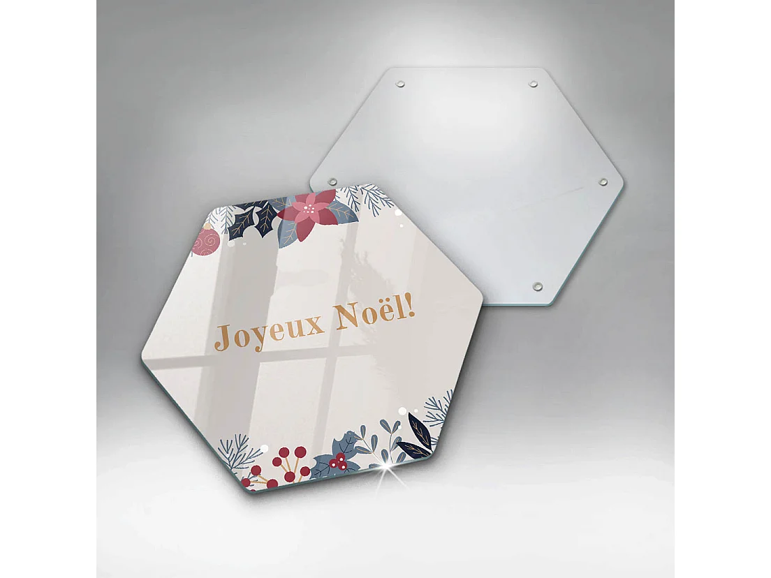 Planche de cuisine hexagonale en verre avec une phrase "Noël: Joyeux Noël!" 40 cm