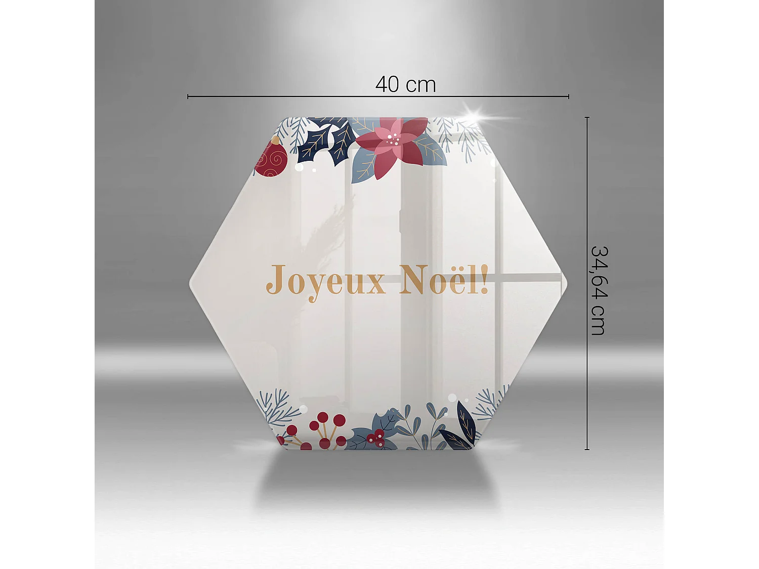 Planche de cuisine hexagonale en verre avec une phrase "Noël: Joyeux Noël!" 40 cm