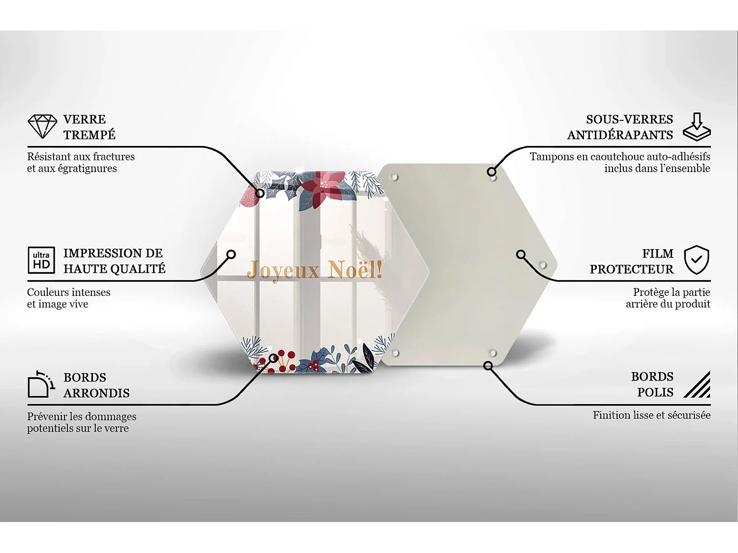 Planche de cuisine hexagonale en verre avec une phrase "Noël: Joyeux Noël!" 40 cm