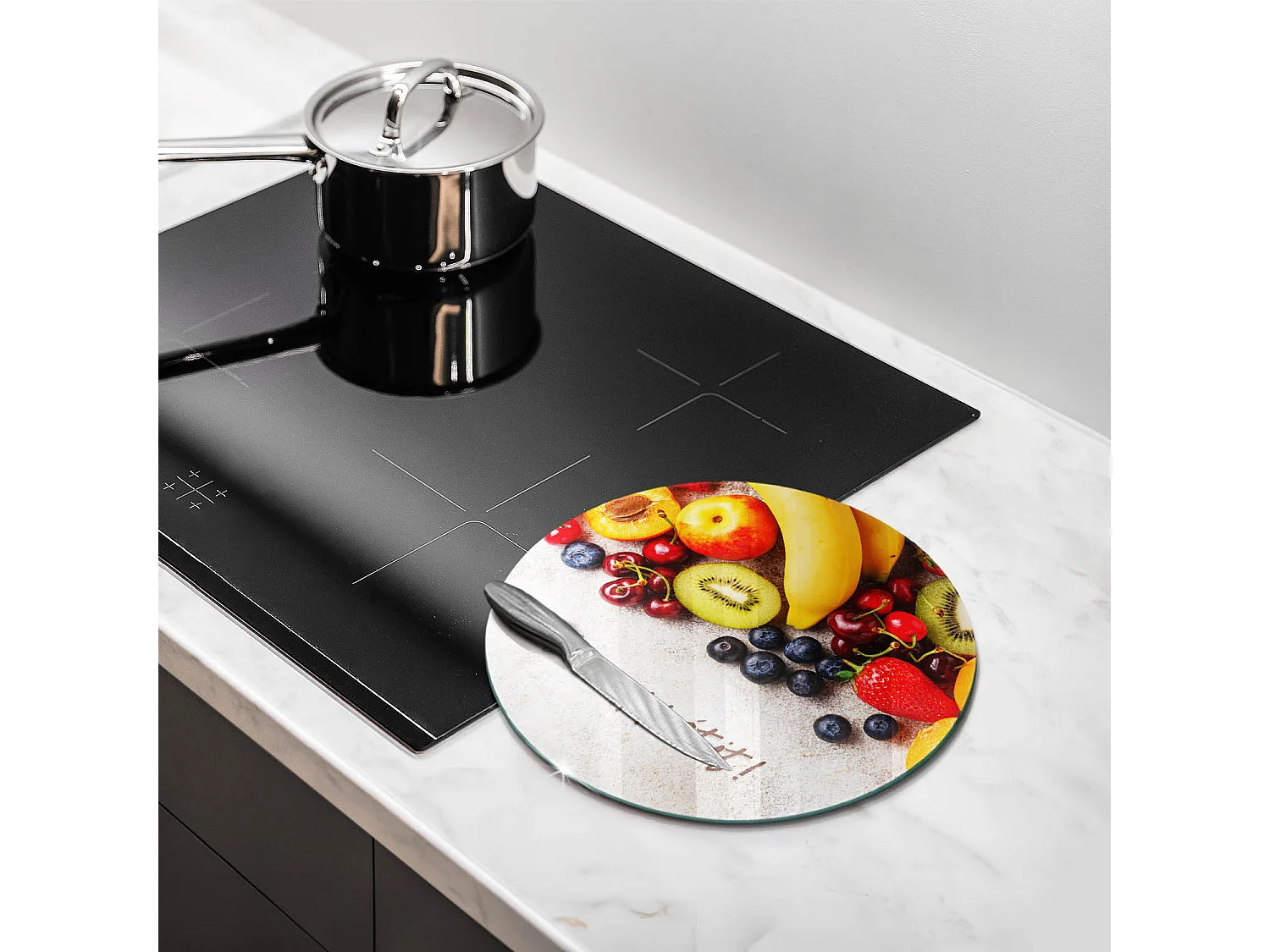 Planche de cuisine ronde en verre avec une phrase "Fruits, Bon appétit!" 30 cm