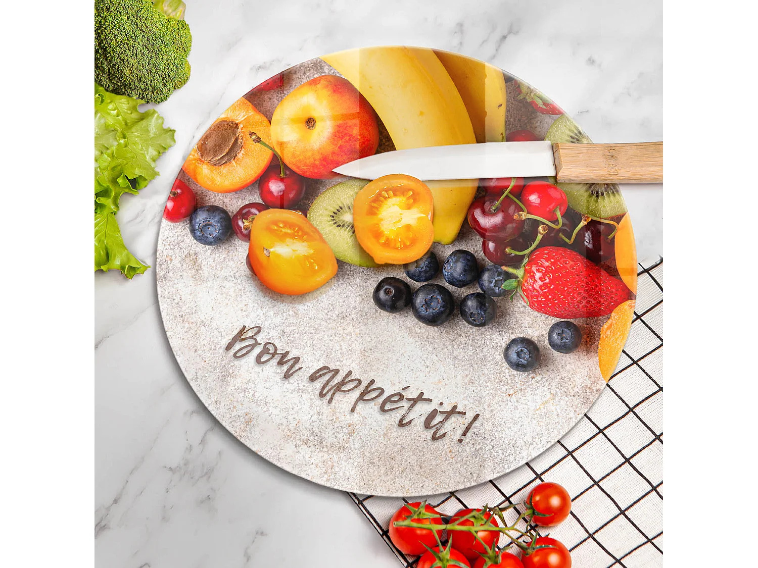 Planche de cuisine ronde en verre avec une phrase "Fruits, Bon appétit!" 30 cm