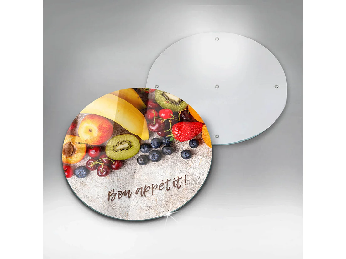 Planche de cuisine ronde en verre avec une phrase "Fruits, Bon appétit!" 30 cm
